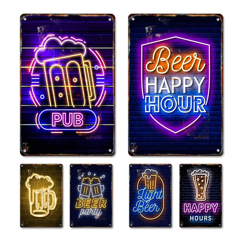 Drinking Beer Neon Light Letter Tin Sign Vintage Metal Plaques Man Cave Pub Wall Art Decor Bar Rules Iron Painting Aesthetics