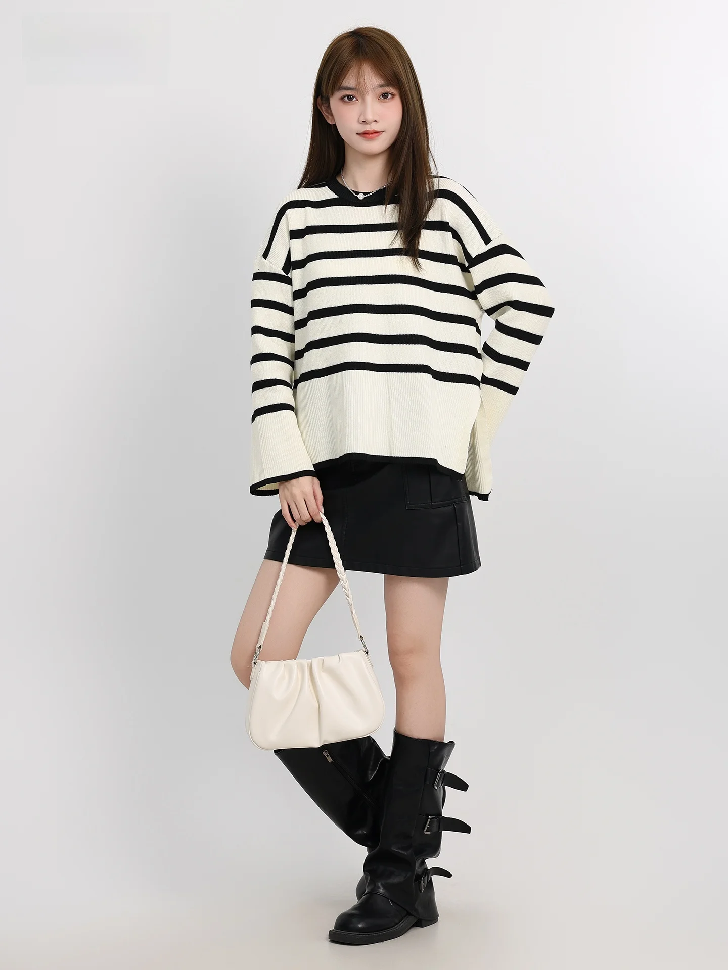 Korean Sle Color Blo Striped Long Sve round Ne Women's Sweater Autumn New Lazy Faion Slimming Side Slit Top