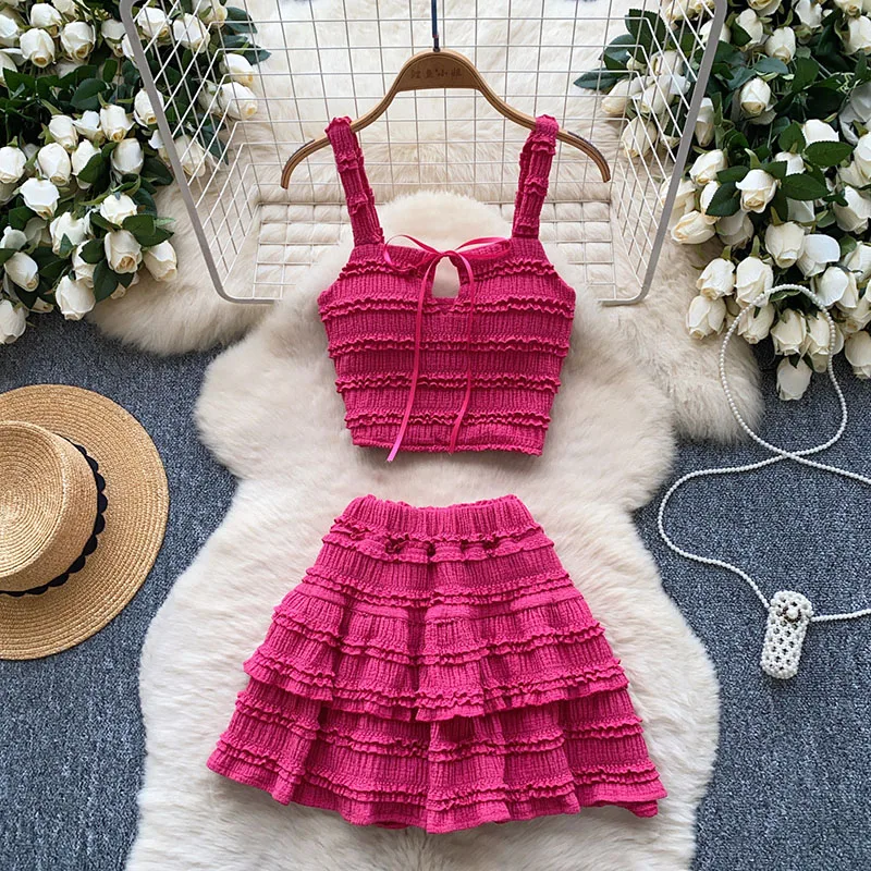 

Summer Beach Vacation Tank Top Mini Skirt Set Women's New Dopamine Sweet Sexy Mushroom Edge Tank Top Skirt Two-piece Set C513