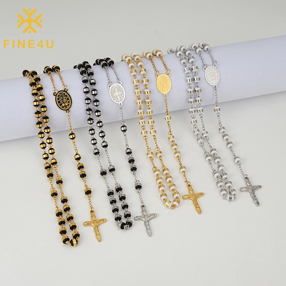 FINE4U Rosário de aço inoxidável branco preto contas colar rosário católico contas com metal virgem maria jesus crucifixo