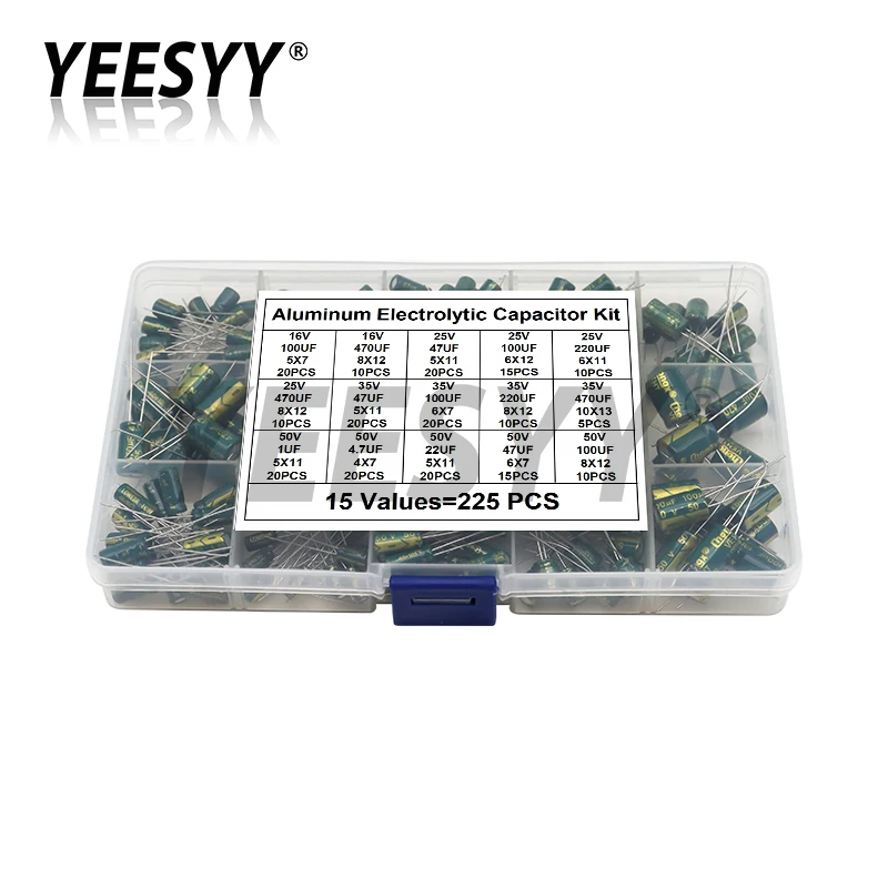 

225pcs/Box High Frequency Low ESR Aluminum Electrolytic Capacitor Kit 15Values 16V-50V 1uF-470uF Capacitance DIP Assorted Set