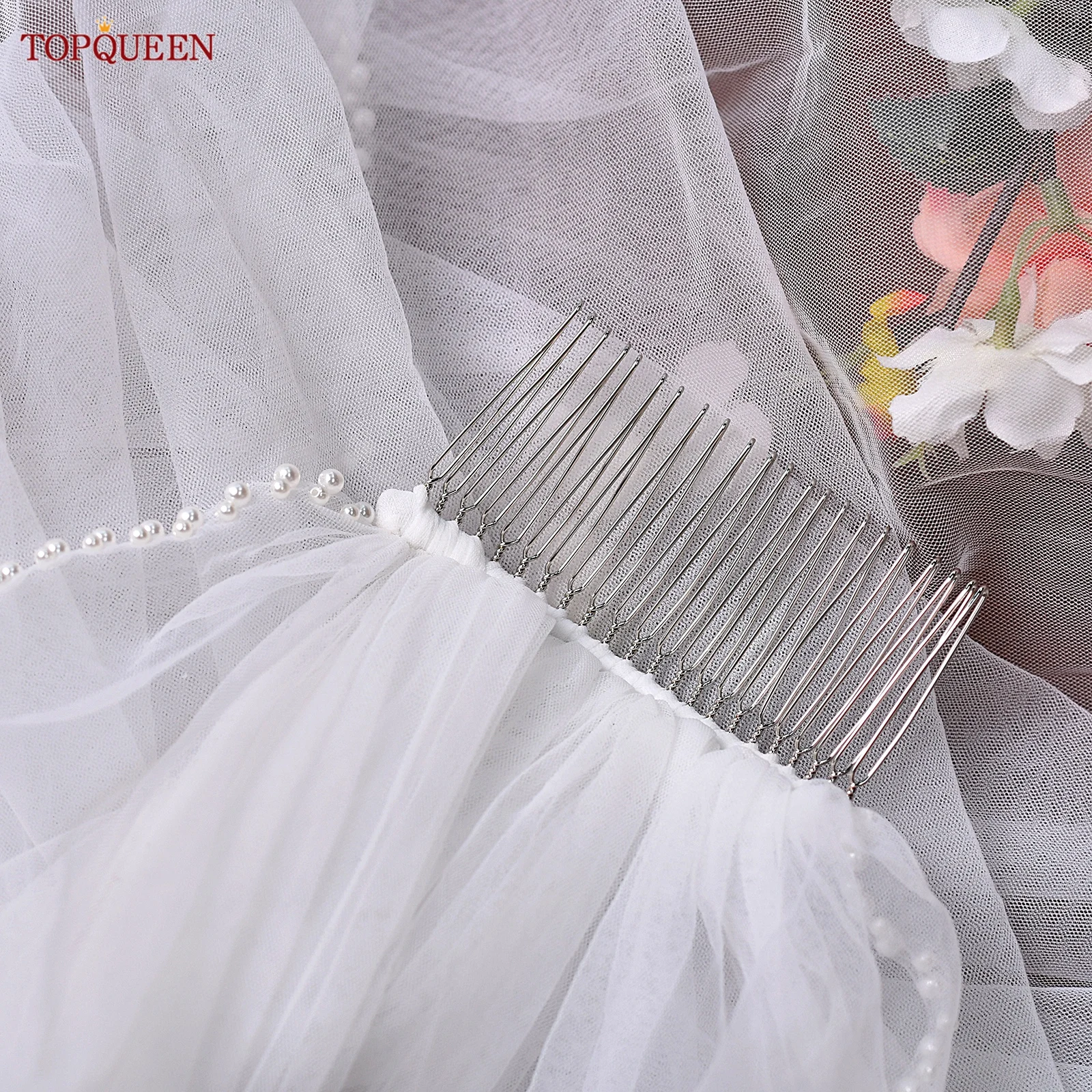 Topqueen v35 véu de noiva com pérolas, camada única, borda de contas, comprimento do cotovelo, elegância, véu de cabeça, doce, veu, alta qualidade