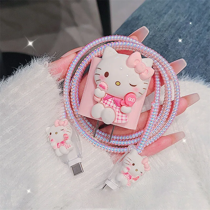 4pcs/set Sanrio Hello Kitty Data Cable Protective Case 20W for Iphone 15 14 Kawaii Cartoon Anti-fracture Charger Protective Case