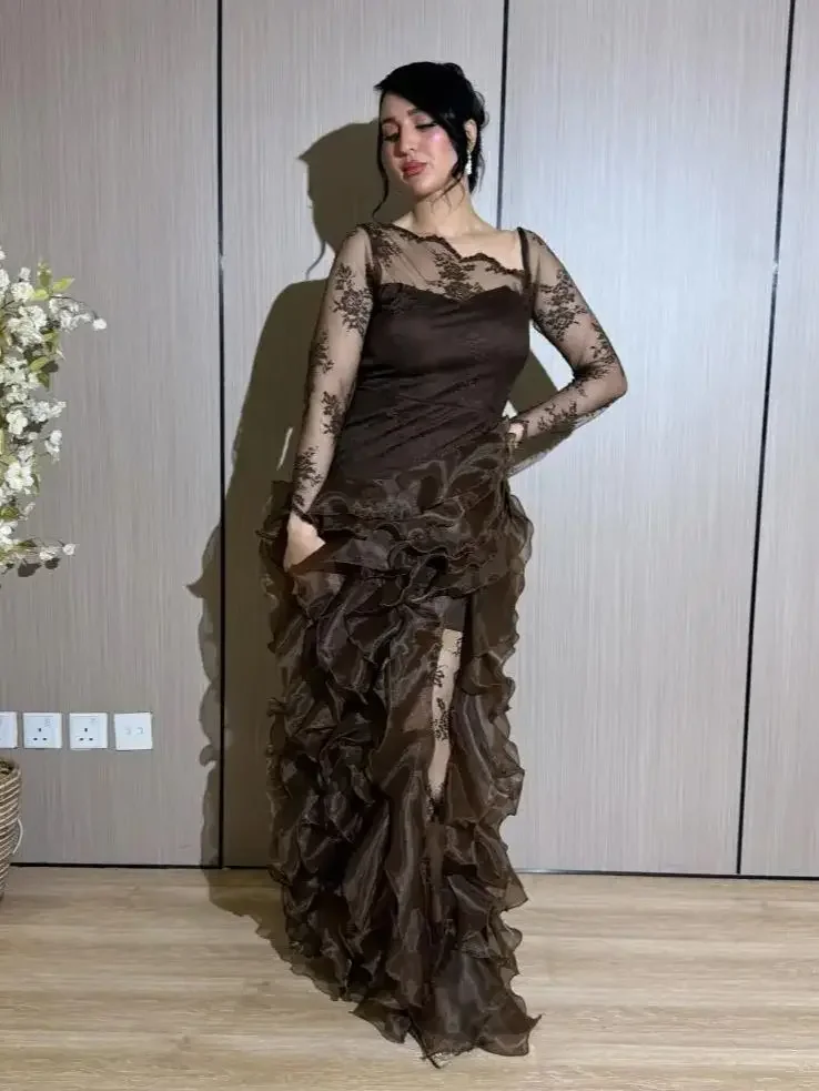 

Arabia Luxury Chocolate Brown Lace Evening Dresses Scoop Neck Layered Ruffle Gown With Sheer Sleeves For Gala & Prom