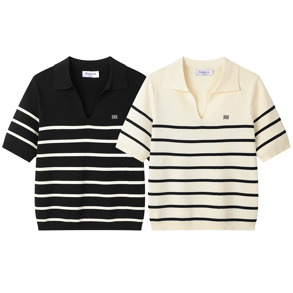 

Women Summer Tennis Knit T-Shirt New Casual Striped V-neck Knitted Short Sleeve Ladies Clothes