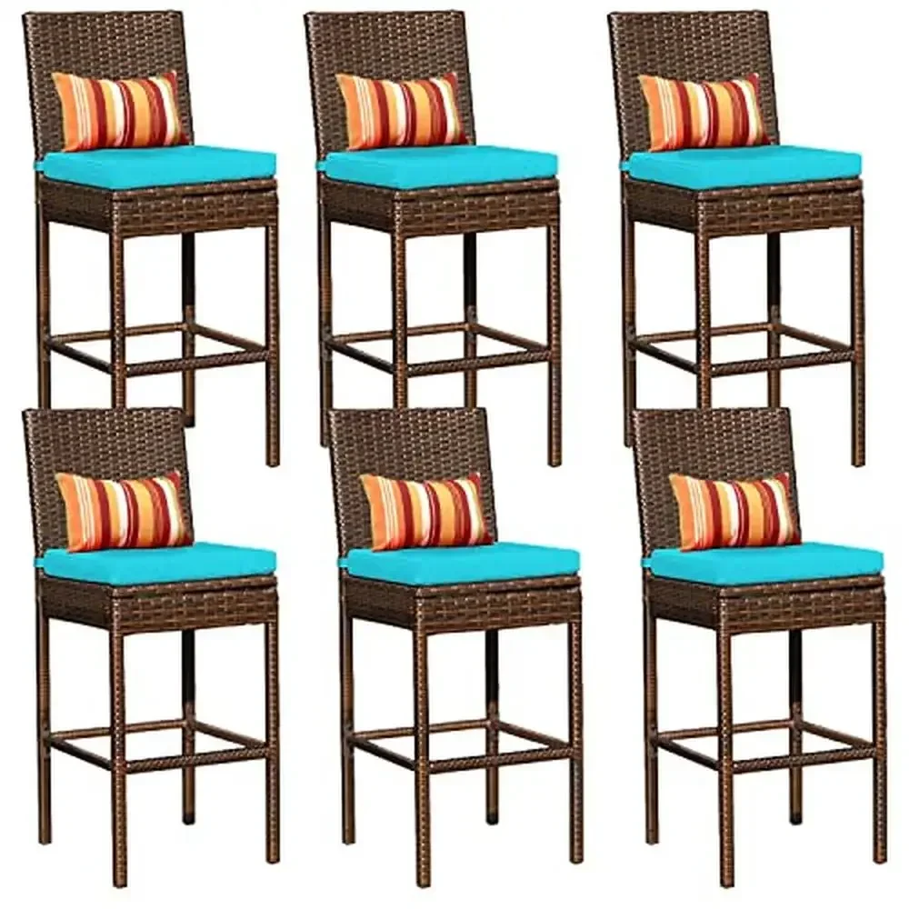 

6-Piece Outdoor Wicker Bar Stools Set Armless Patio Chairs with Pillow & Blue Cushion All-Weather Steel Frame & PE Rattan