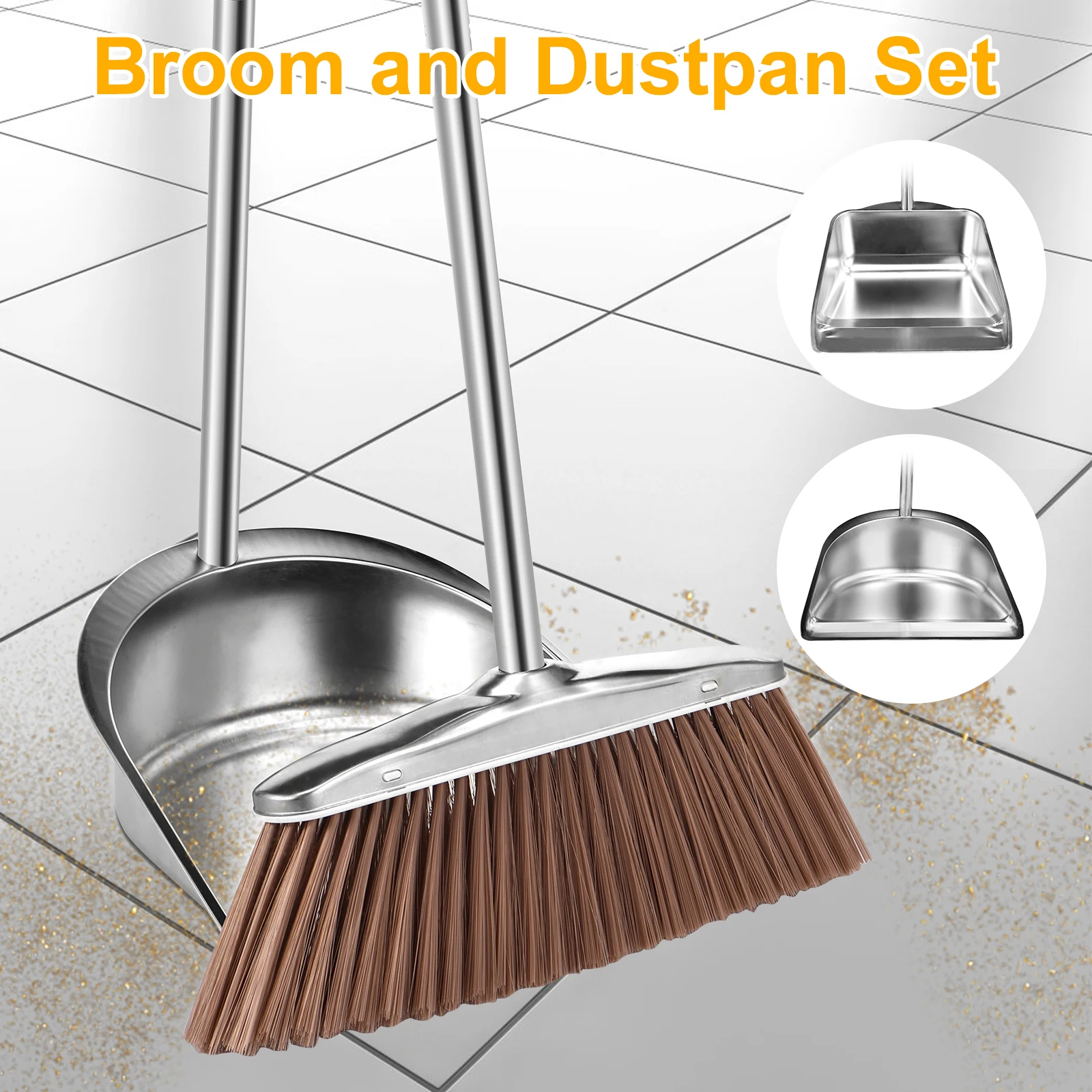 

Broom and Dustpan Set with Long Handle Heavy Duty Stainless Steel Dustpan with Broom Space Saving Broom Dustpan Combo Sweeper