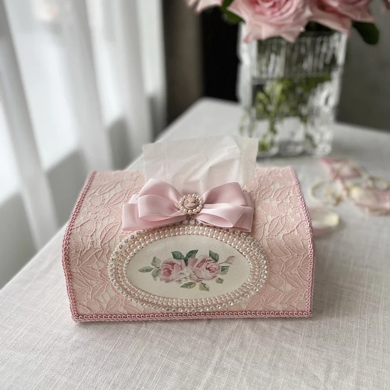 Romantic Embroidered Lace Tissue Box, Pearl Bowknot Fabric Towel Holder, Elegant Home Storage, Car Accessory, Pink