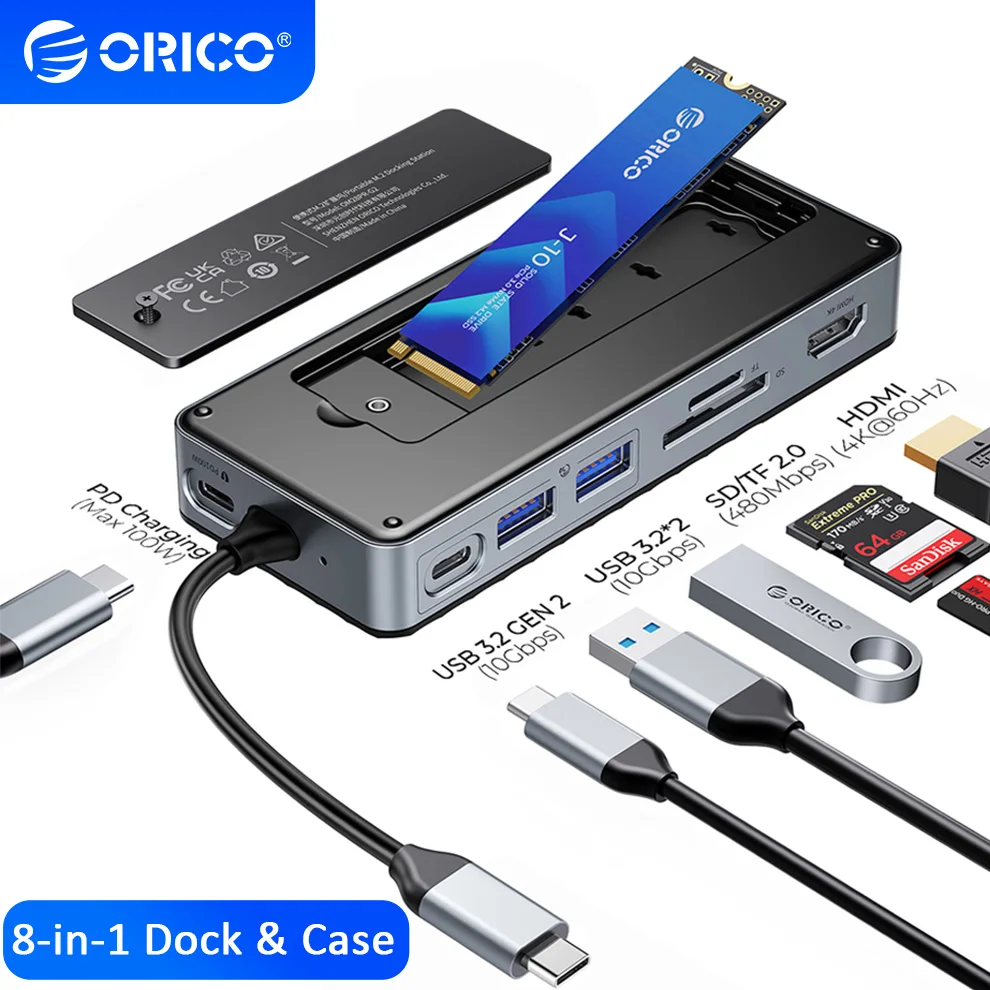 

ORICO M.2 SSD Enclosure USB C Hub Splitter PD100W Extension Docking Station 10Gbps M2 NVMe SATA External Case 4K 60Hz HDMI-Com