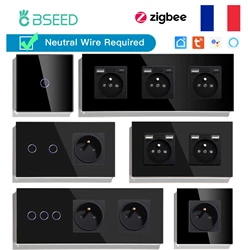BSEED ZigBee Light Switches 1/2/3Gang Smart Touch Switches Smart Life APP Glass with Normal French Sockets USB C Without Smart
