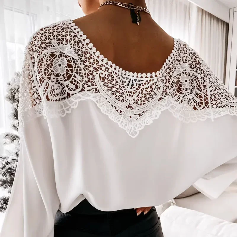 New Spring White Women Blouses with Lace Vinatge Loose Woman Clothes Long Sleeve Shirts Women Sexy Ladies Tops Blusas 12459