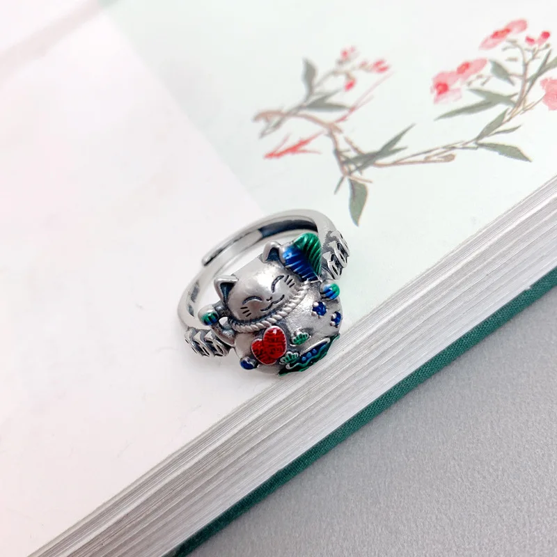 Ethnic Style 925 Silver Classic Pastoral Style Cat Rings for Women Vintage Cloisonne Enamel Small Red Heart-shaped Ring Jewelry