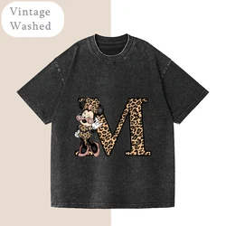 Maglietta lavata per donna T-Shirt Casual con lettere leopardate Disney Minnie Mouse Retro Tee donna coreana top larghi donna Streetwear