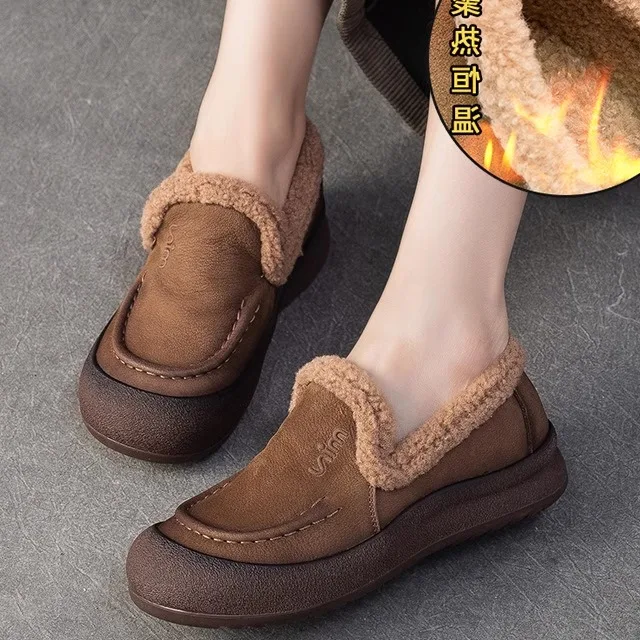 

Удобные теплые ботильоны без шнуровки из мягкой кожи с круглым носком на подкладке Fce Cotton oes в стиле ретро, женская повседневная обувь