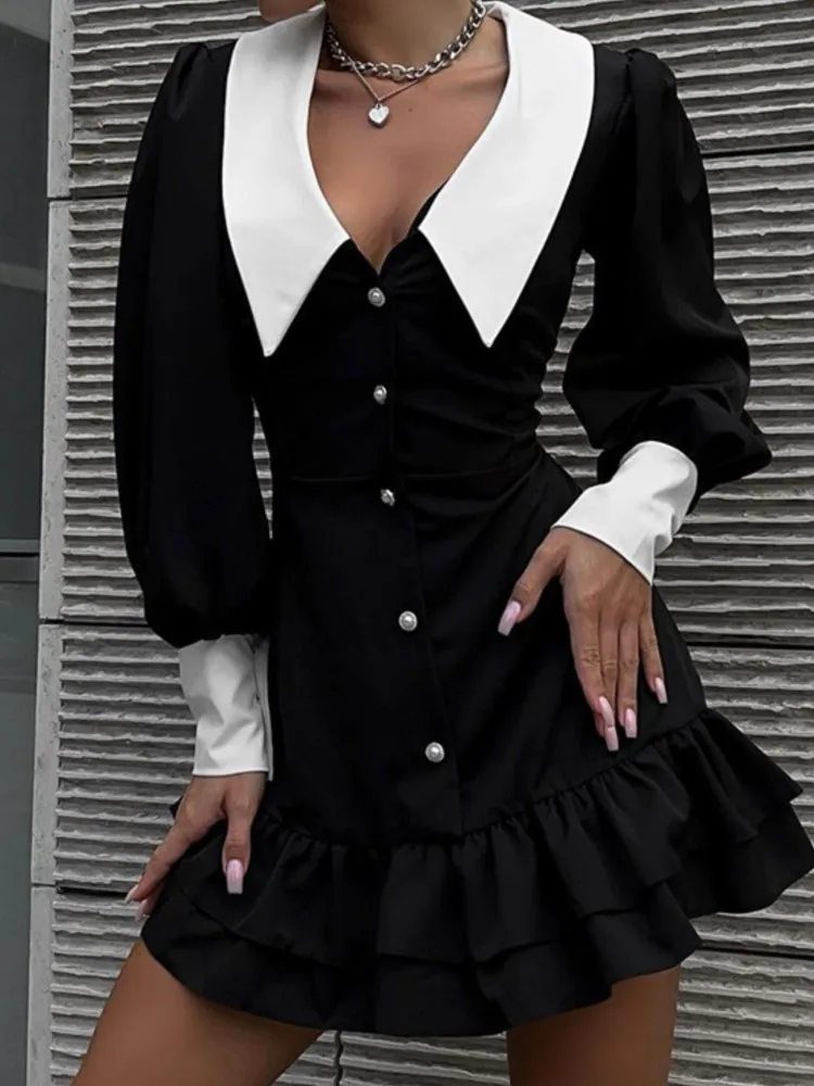 

Fashion Black Dress Female Elegant Long Sleeve V Neck Button Ruffles Pullover Mini Dresses Women Casual Office Womens Clothing