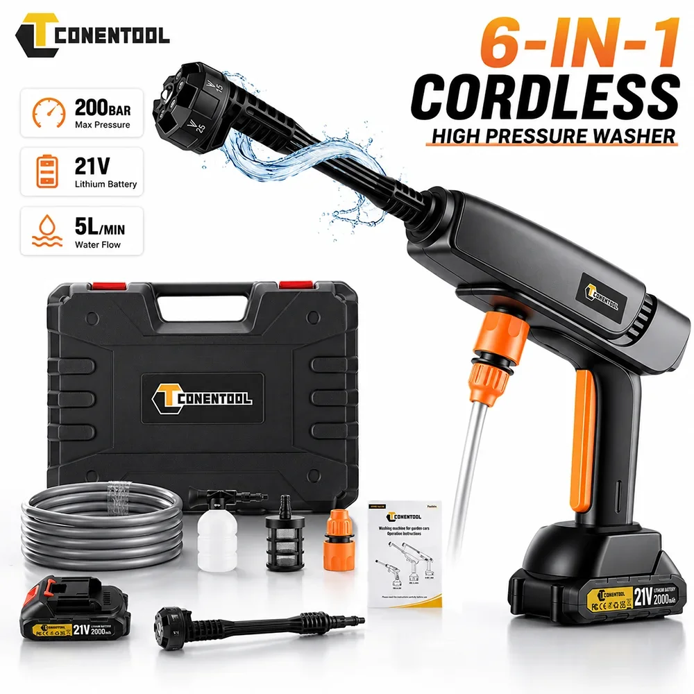 CONENTOOL Idropulitrice Portatile a Batteria 21V, Pistola Idropulitrice per Auto, Ugello 6-in-1, Serbatoio Schiuma, Pulitore a Batteria per Auto, Giardino, Patio