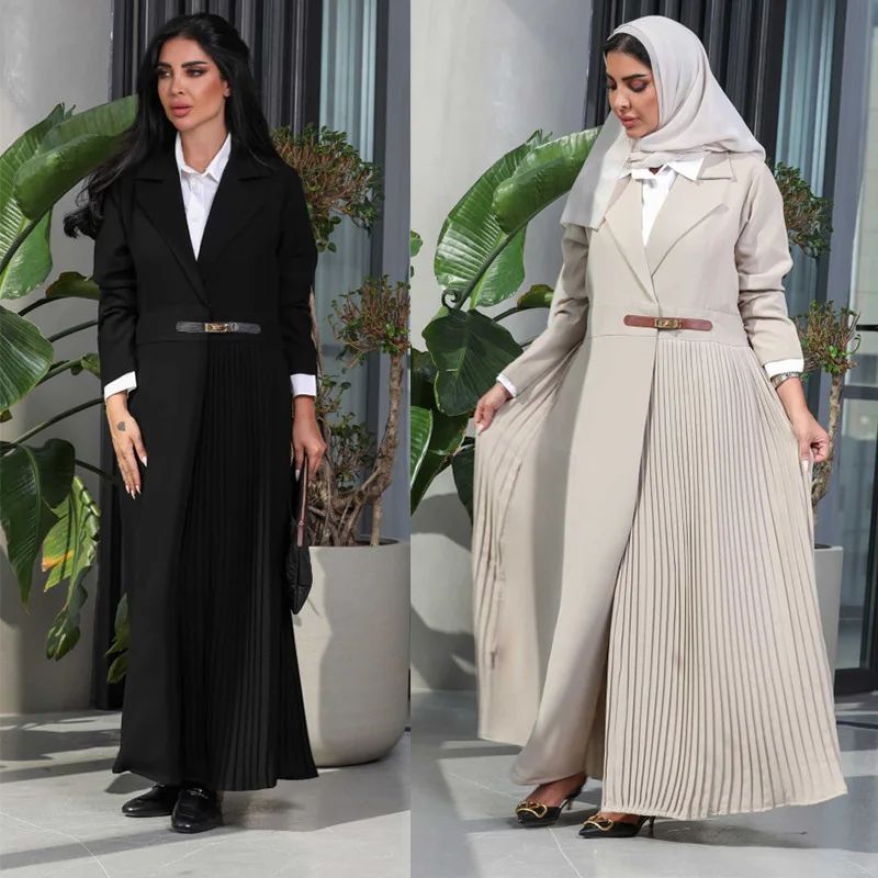

Pleated Abaya with Trench Collar, Detachable Belt & Ice-Silk Texture – Multi-Color, No Hijab