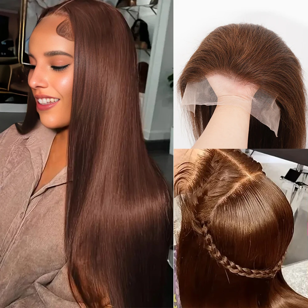 13x4 الدانتيل الشفاف شعر مستعار أمامي # 4 باروكات شعر بشري مفرود بني داكن بكثافة 180%، باروكات مستقيمة بلون بني شوكولاتة