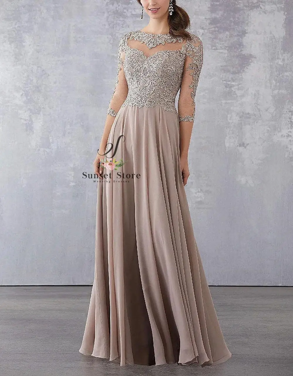 

Customized Lace Applique Beaded Mother of the Bride Dresses Elegant Three Quarter Sleeve Long Chiffon Evening Formal Mother Dre