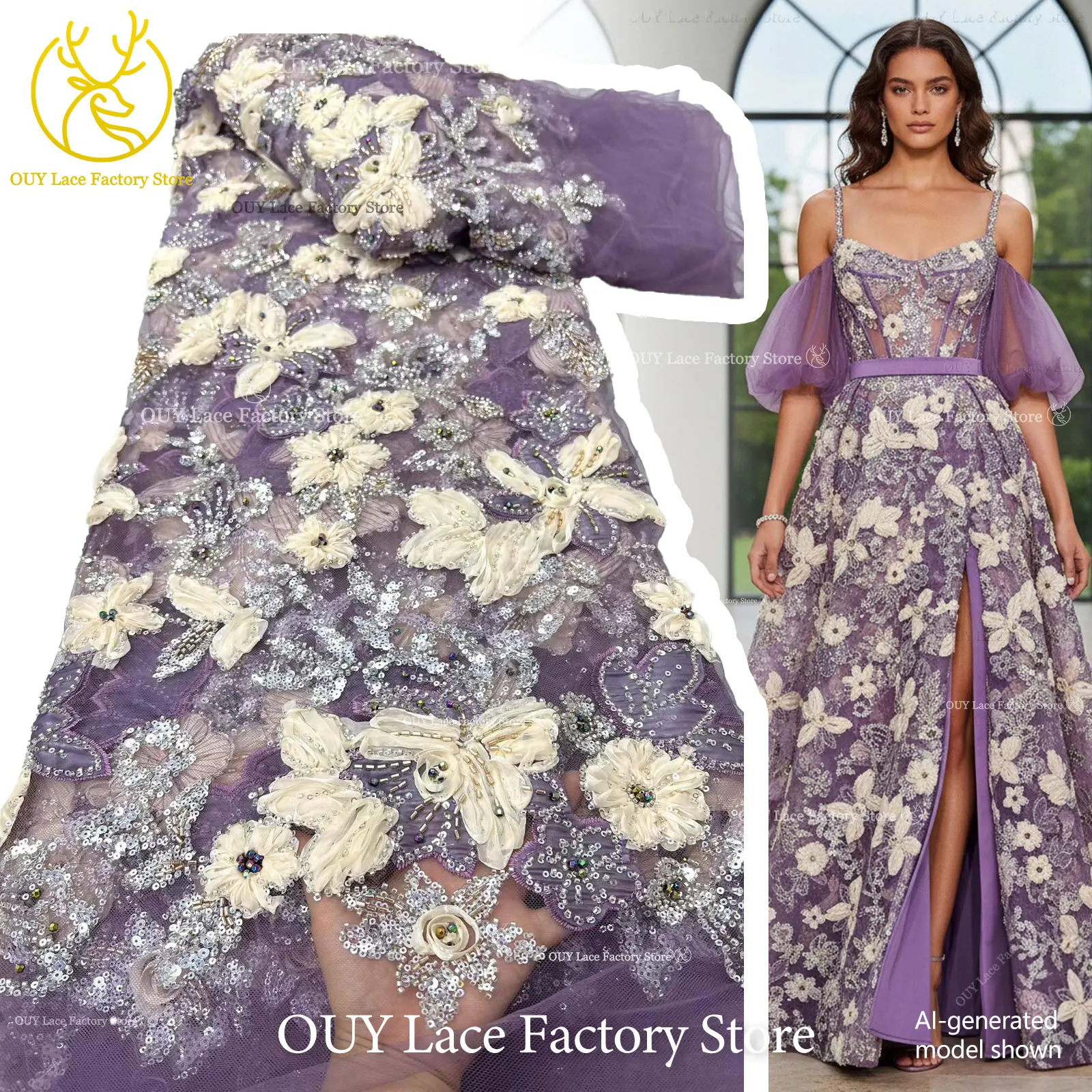 

Elegant 3D Flower African Beaded Lace Fabric French Nigerian Sequins Mesh Tulle Lace Fabric For Wedding Party Dress Sewing 5Y