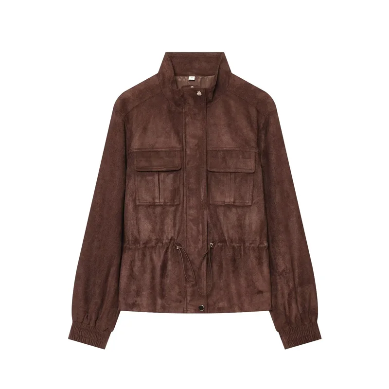 FANAN Guobioziy Women's Jacket 2026 Fall New Style Brown Long-Sleeve Pocket-Decorated Suede Drawstring Waist Jacket Parka