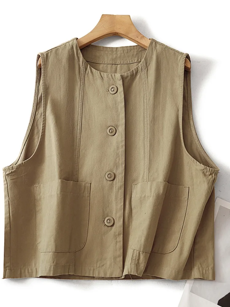 

Японская рабочая одежда, жилет из чистого хлопка, женская летняя тонкая повседневная верхняя одежда, тонкий топ с круглым вырезом на плечах