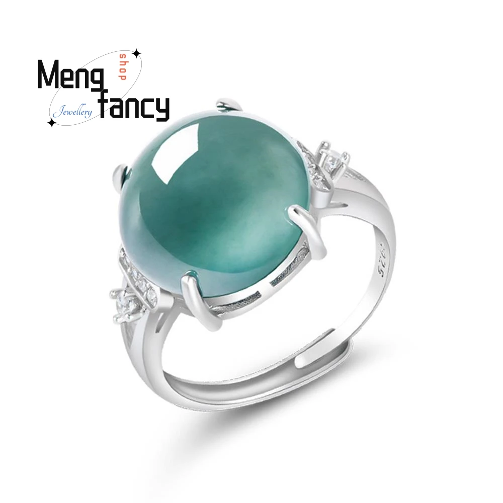 

Natural A-goods Jadeite Blue Water Large Egg Surface Ice Jade Luxury S925 Silver Inlaid Women's Ring Adjustable Fashion Jewelry