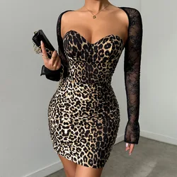 Sexy Leopard Tube Dresses Women Lace See-through Flared Long Sleeves Tank Dress Slim-fit Hip Wrap Mini Dress Skinny Party Outfit