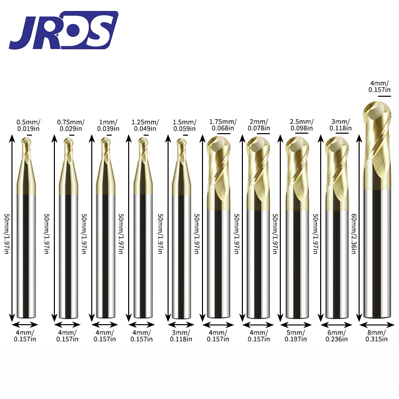 JRDS HRC68 2-FluteGoldenCoated Carbide Ball Nose Milling Cutter, Hardened Ball End Mill for Stainless & Mold Steel HRC68 Cutting