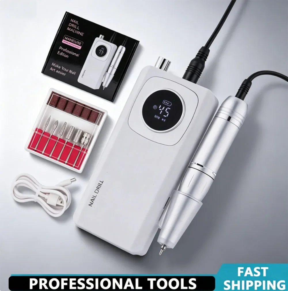 

45000RPM High Speed Nail Drill Machine, Rechargeable Low Noise Nail Sander with LCD Display Professional Nail Accessories Set