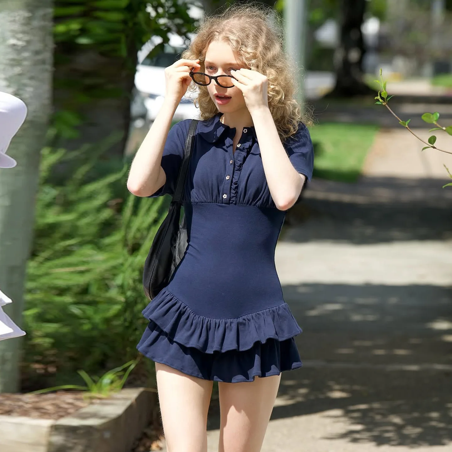 

SKMY Casual Preppy Style Ruffle Doll Collar Single-Breasted High Waist A-Line Carek Dress Solid Color Short Sleeve Y2k Dress