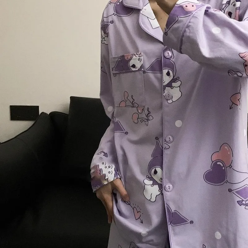 Purple Kuromi Cotton Pajamas for Girls Spring and Autumn Long-sleeved Trousers Cartoon Cute Ins Style Warm Cozy Home Clothes Set