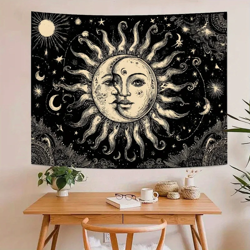 VIKAMA Mandala Sun And Moon Tapestry, Retro Bedroom And Living Room Wall Decor, Durable Polyester Home Decoration Banner