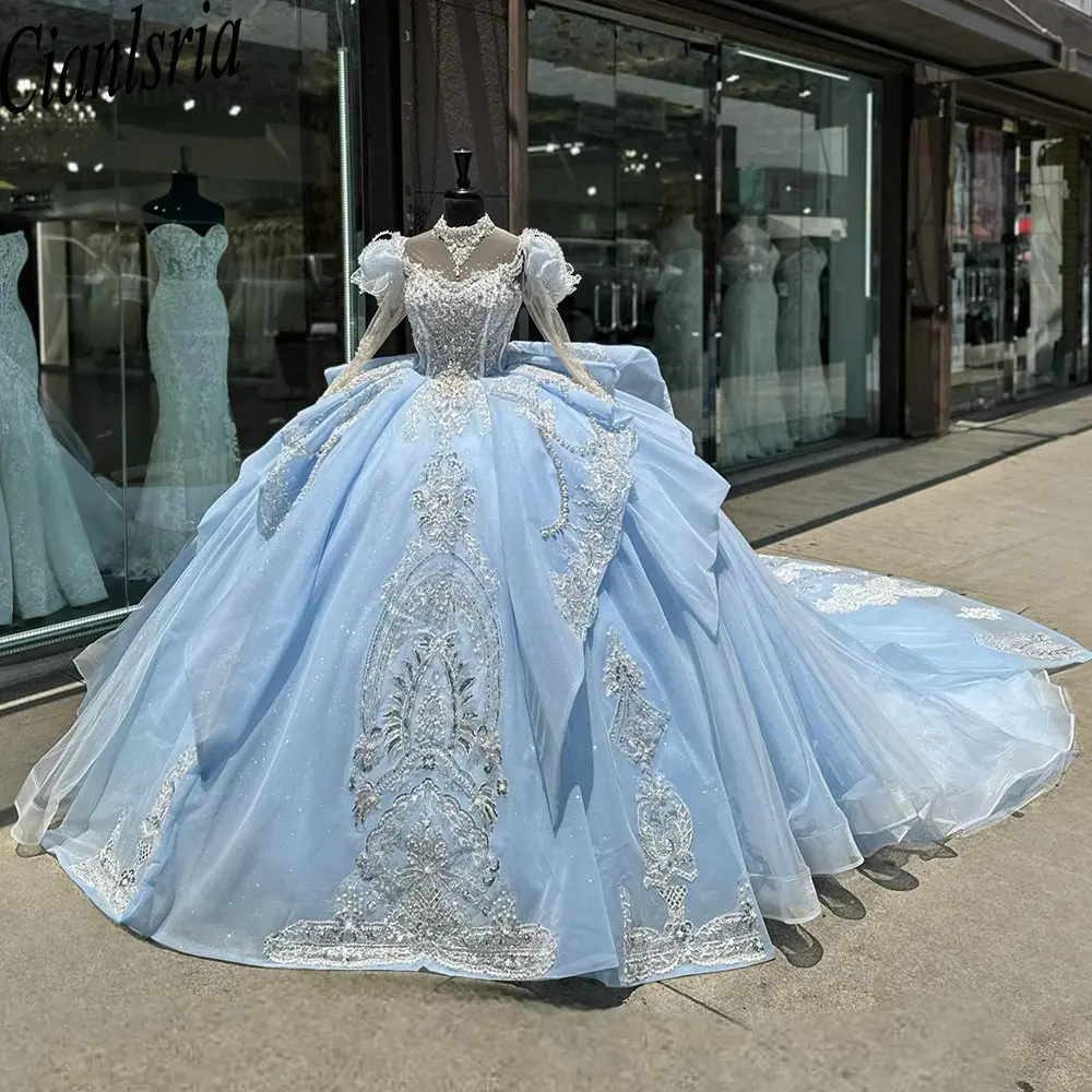 Light Blue High Neck Long Sleeve Ruffles Ball Gown Quinceanera Dresses Crystal Beading Appliques Lace Corset Vestidos De 15 Anos