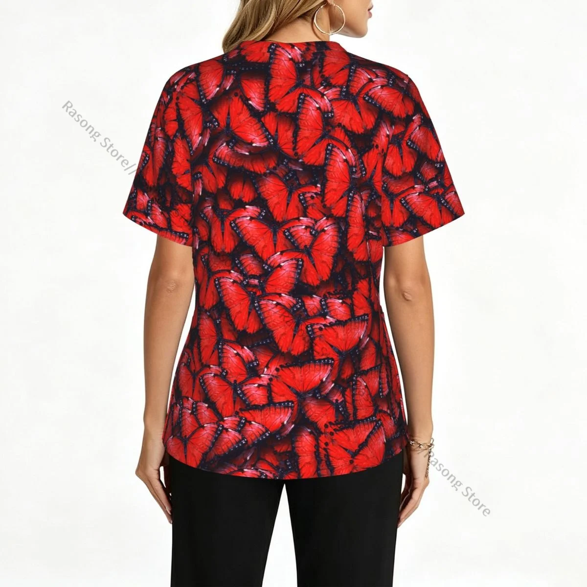Women's Medical Scrub Top V Neck Short Sleeve Butterfly Stretch Nursing Uniform for Hospital Clinic