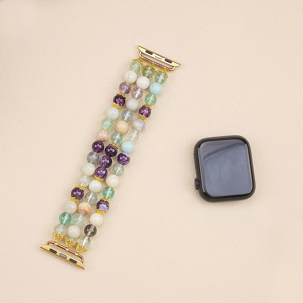 Fashion Unisex Beaded Natural Beads Stretch Smartwatch Straps for 38 - 49 mm Watch Face Versa 2 3 Sense