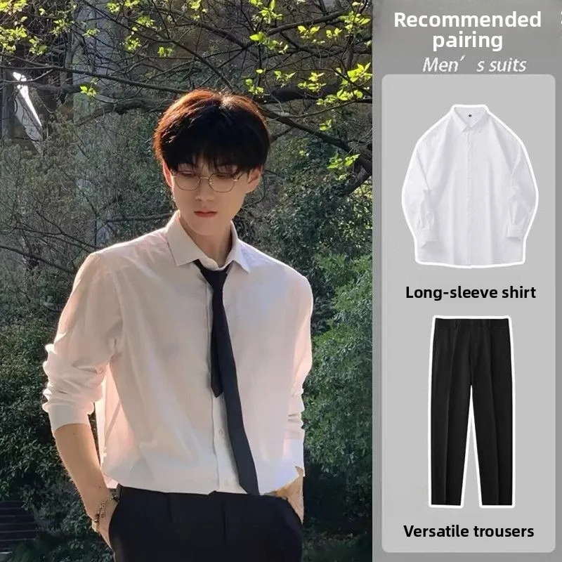 

Белая мужская рубашка с длинным рукавом в британском стиле, модная повседневная одежда, не требующая глажки, из смесового полиэстера, подходит для осени