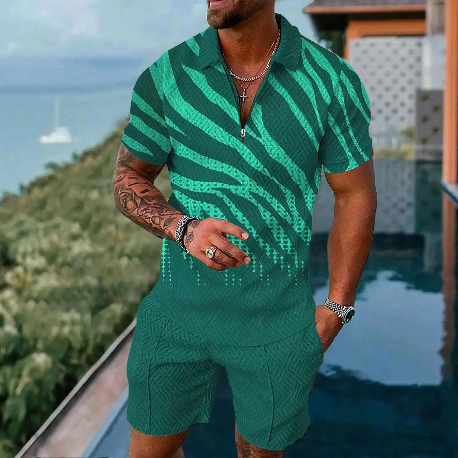 

Men's Polo Shirt set Summer short-sleeved Polo Shorts 2PCS set Men's Zippered stand-up Collar Outdoor Top +Shorts Set