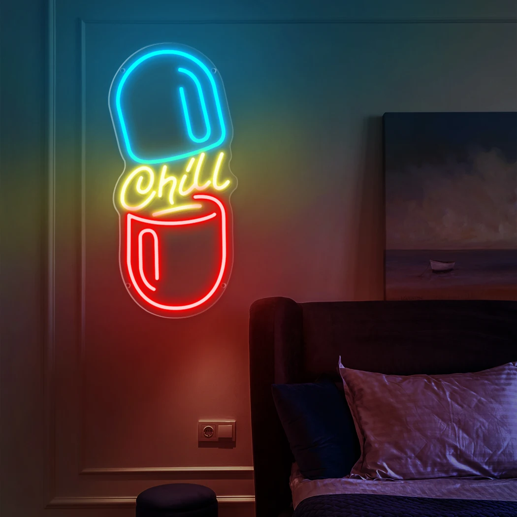 Chill Pill-letrero de neón LED para colgar en la pared, luz nocturna multiusos alimentada por USB, Lámpara decorativa para dormitorio, hombre, cueva, Bar, tienda