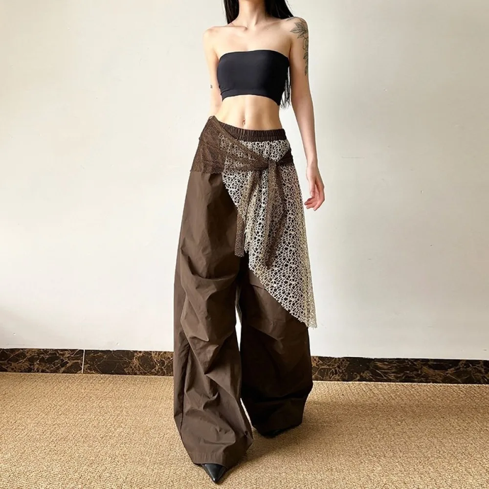 SylCue Mesh Patchwork Long Pants Woman Autumn Trend High Waist Skinny Stretch Daily Street Casual Versatile Style Classic Bottom