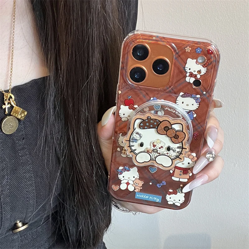 

Fashion Brown Plaid Pattern Hellokitty Magnetic Phone Case For iPhone 17 Pro 16 15 14 Pro Max Cover with Stand For Magsafe Cute