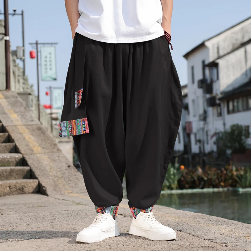 Japanese Kimono Men Chinese Style Cotton Linen Samurai Print Belt Retro Harem Pants Baggy Trousers Male Harajuku Hip Hop Pants