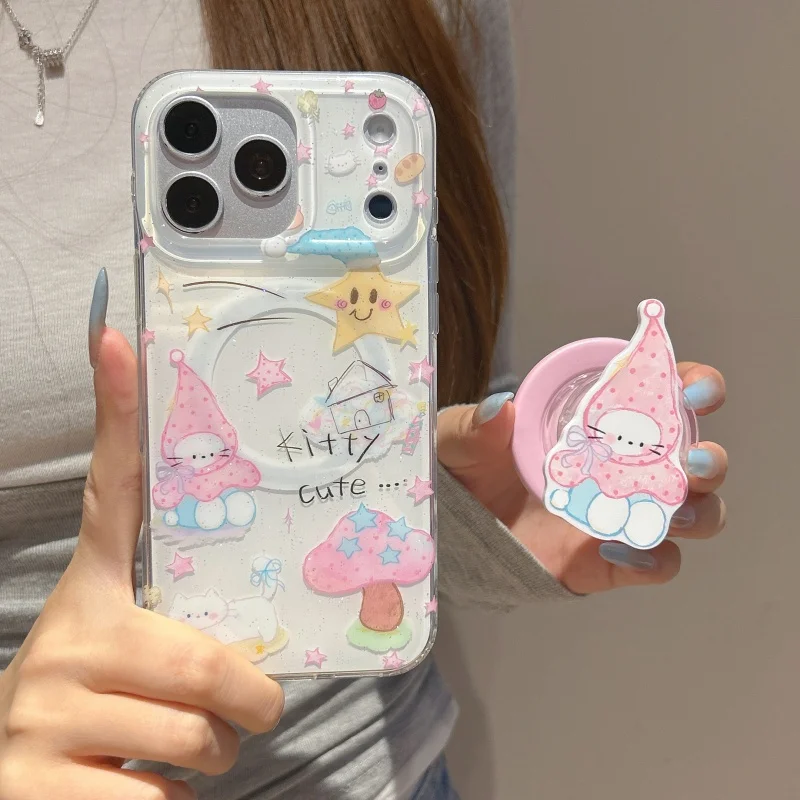 

Kawaii Cartoon Cat Star Magnetic Phone Case For iPhone 17 Pro 15 16 Pro Max Cover with Holder Hard Protective Covers For Magsafe