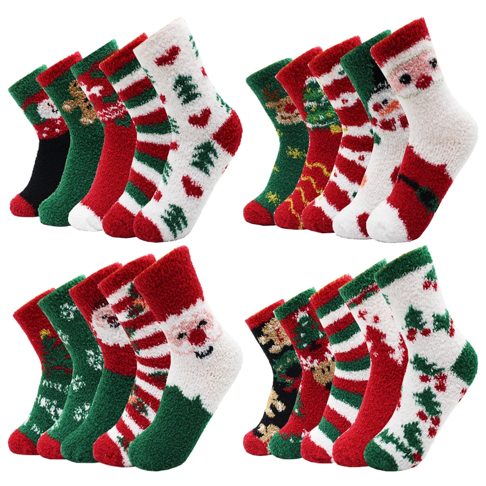 5 Pairs New Autumn and Winter Christmas Thickened Cute Warm Coral Fleece Socks Velvet Santa Fawn Snowflake Women Socks