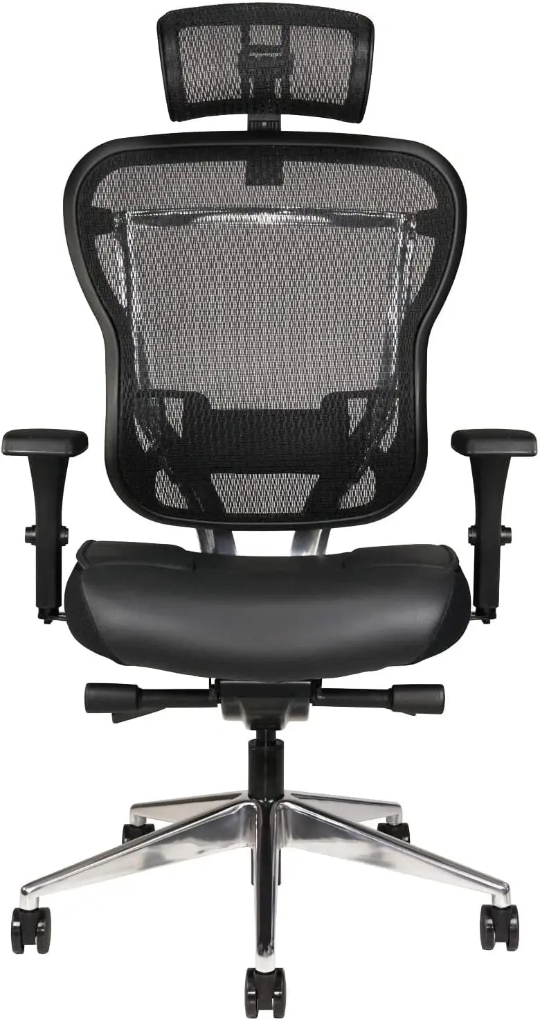 Aloria Series Office Chair Ergonomic Executive Computer Chair Genuine Leather Seat Cushion, Mesh Back Adjustable Lumbar Support