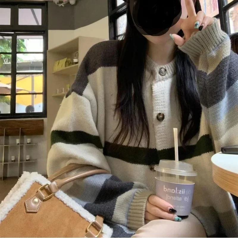 Striped Coat Sweater Women's 2024 Autumn Winter New Loose Women's Knitted Round Neck Cardigan Jacket