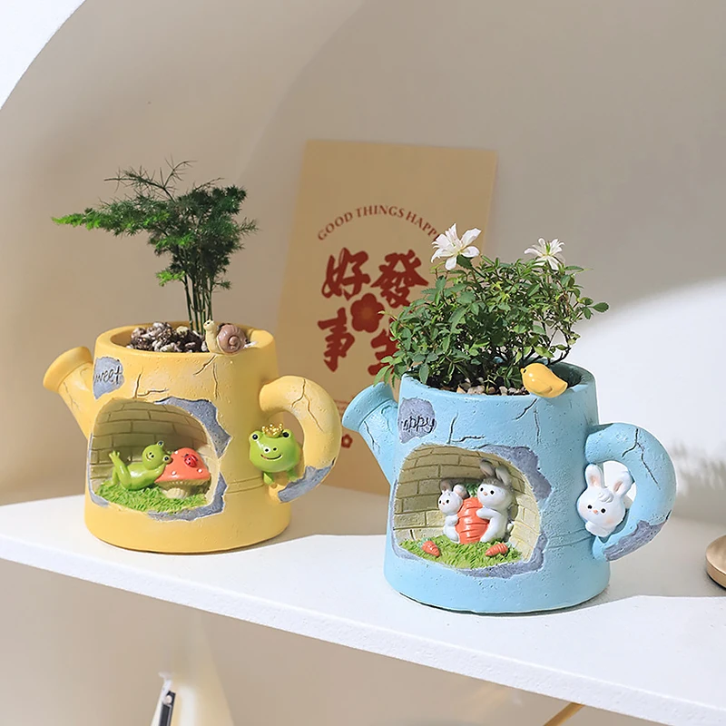 Watering Can Animals Planters Flower Pots for Succulents Plants Decorative Ornament Fairy Garden Figurines Home Table Decoration