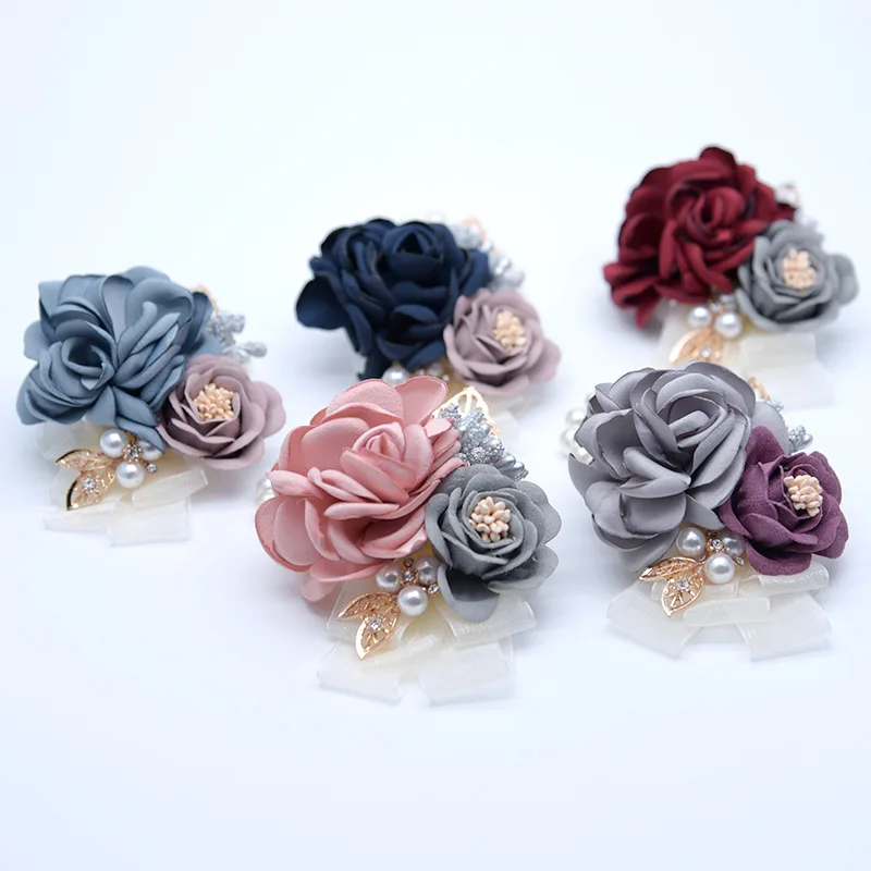 Women Bridesmaid Wrist Corsage Silk Rose Wrist Flowers Groom Boutonniere Buttonhole Men Wedding Witness Marriage Accessories