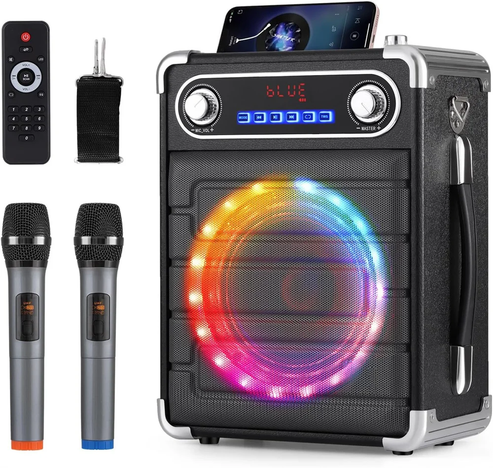 Loud Portable Bluetooth Speaker Karaoke Machine w/ 2 Wireless Mic TWS/TF/AUX/USB Rechargeable 6.5