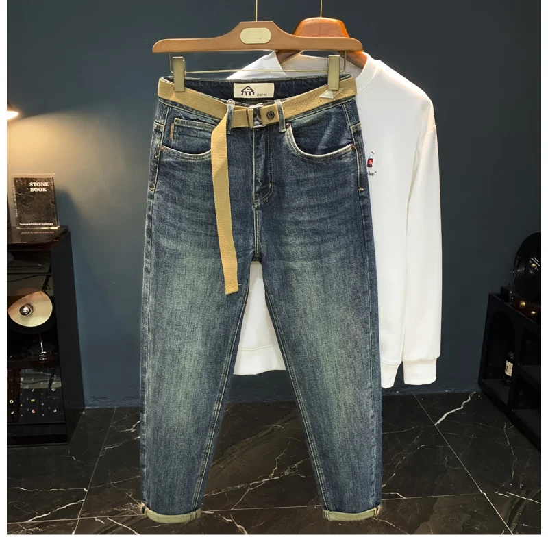 2025 Autumn/Winter Nine Point Jeans Men's Trendy Embroidered New Blue Retro Small Foot Slightly Loose PANTS fashion handsome